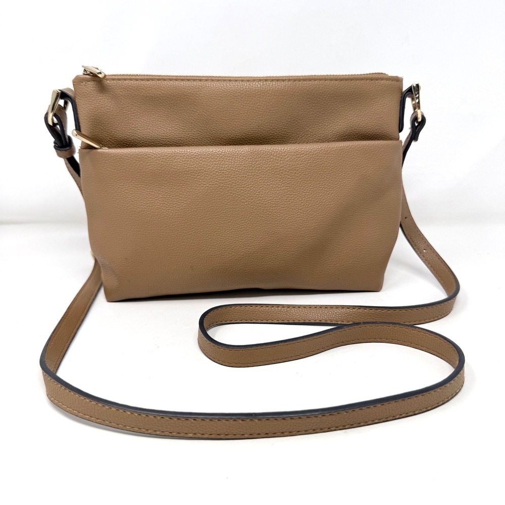 A New Day Tan Faux Pebbled Leather Triple Zip Crossbody Bag Gold Hardware